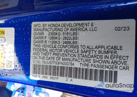 2023 Acura Tlx Type S - Hp Wheel And Tire z USA, uszkodzony, nr VIN 19UUB7F93PA000784